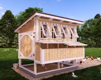 May include: A wooden chicken coop with a white trim and four windows. The coop has a nesting box and a roosting bar. There are chickens and ducks in the yard.
