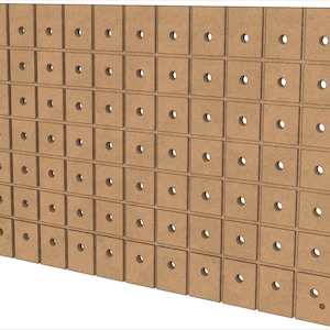 May include: A brown wooden pegboard with a grid of evenly spaced holes. The pegboard is made of wood and has a natural finish.