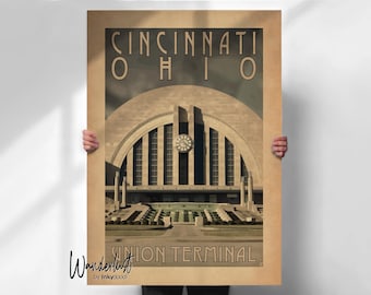 Cincinnati Ohio Travel Print - Union Terminal Art Deco Poster - Vintage Retro Style- Travel prints