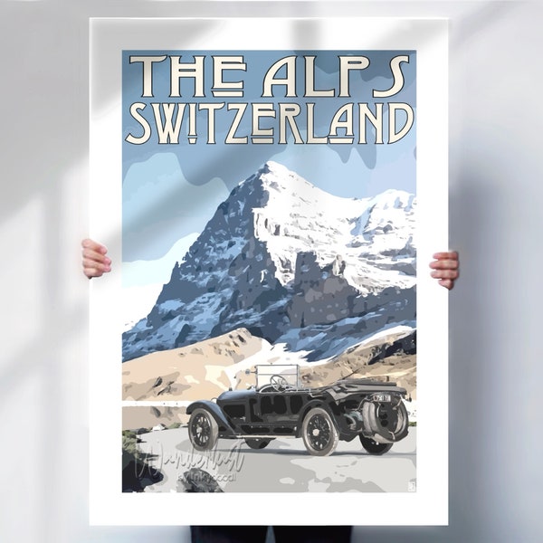 Switzerland Travel Poster - Vintage Style Alpine Wall Art - Classic Car Print- Travel prints