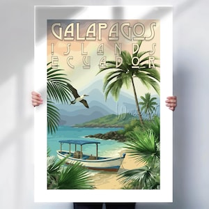 Galapagos Islands Ecuador wall art or canvas, tropical travel print, coastal decor gift, beach poster, retro white artwork