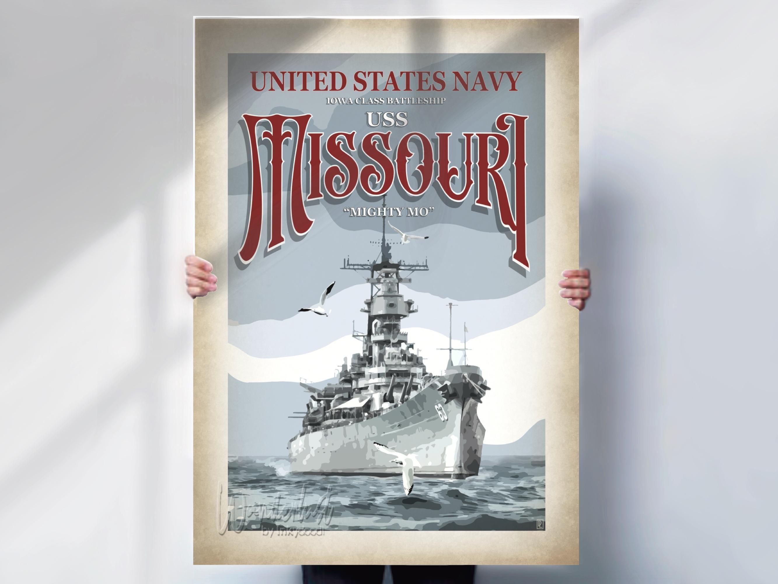 USS Missouri Print - United States Navy poster - aged style Wall Art - Battleship prints