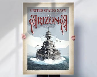 USS Arizona Print - United States Navy poster - aged style Wall Art - Battleship prints