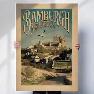 Bamburgh Travel Print - vintage style Northumberland wall art - Perfect Gift- Travel poster