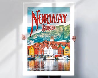 Bergen Travel Poster: Retro Minimalist Style - Norway Wall Art