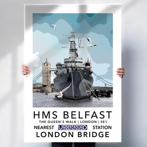 HMS Belfast travel poster, London Tube Station travel print  - retro style wall art