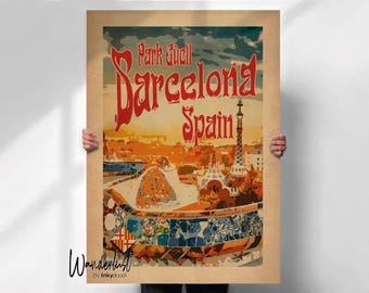 Barcelona Travel Poster: Park Güell, Minimalist Retro Style