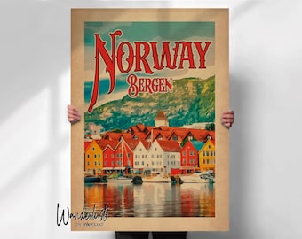 Retro Bergen Travel Poster - Colorful Norway Wall Art Print