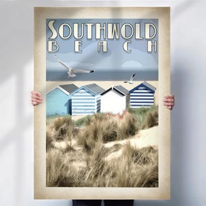 Southwold Beach Art Print: Suffolk Coastal Huts Aged style Travel Poster