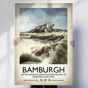 Bamburgh Castle, Northumberland, railway travel art- aged Style