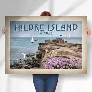 Hilbre Island Print - aged style Travel Poster of West Kirby Wirral - Special Place Gift - Wall Art- Travel prints