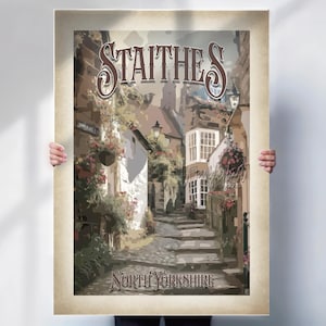 Staithes North Yorkshire wall decor or canvas, harbour town travel print, coastal village poster, seaside home gift, aged effect artwork