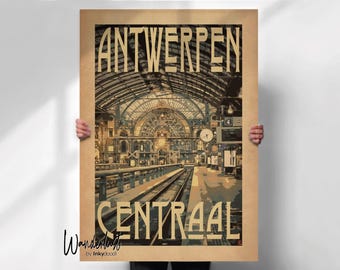 Antwerpen Centraal Vintage Travel Print - Antwerp Train Station Poster - Belgium Wall Art - Retro Travel Decor - Architectural Print