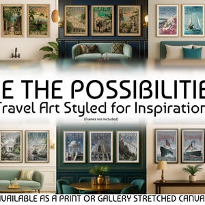 The image is a collage of various travel-themed artworks, including paintings and posters of different destinations around the world. The artworks are displayed in a gallery-style arrangement, showcasing the travel art styles available for inspiration.