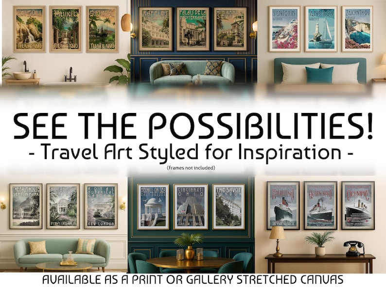 The image is a collage of various travel-themed artworks, including paintings and posters of different destinations around the world. The artworks are displayed in a gallery-style arrangement, showcasing the travel art styles available for inspiration.