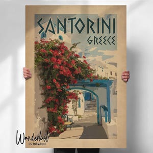 Santorini Greece Travel Poster: Vintage Greek Island Art Print