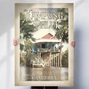 Kampong Phluk, Cambodia Travel Poster - Asia retro aged style Print - Travel prints