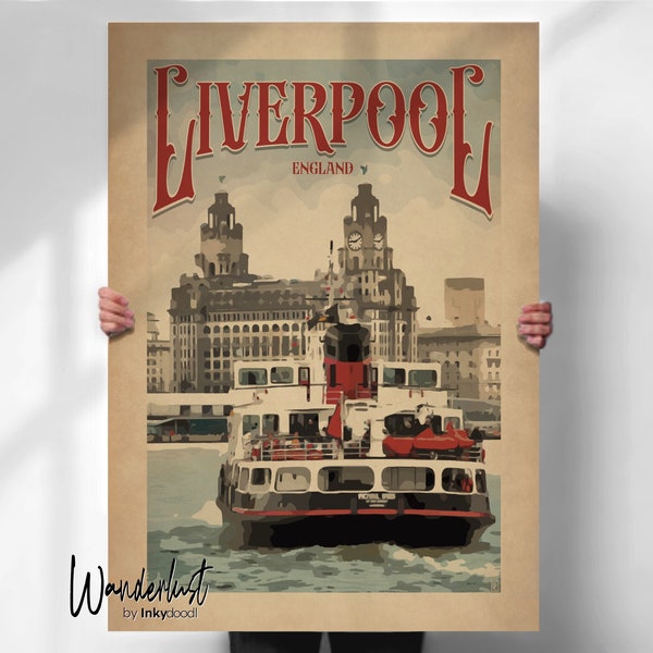 Impression de voyage vintage Liverpool - art mural ferry et bâtiment du foie - cadeau pour endroit spécial - impressions de voyage