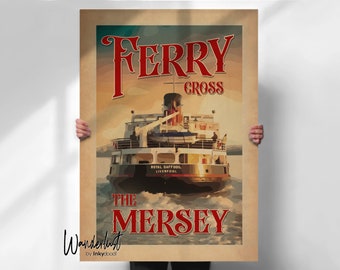 Liverpool Ferry Poster - Retro Travel Wall Art - Merseyside Print - Ferry Cross the Mersey - Liverpool Print- Travel prints