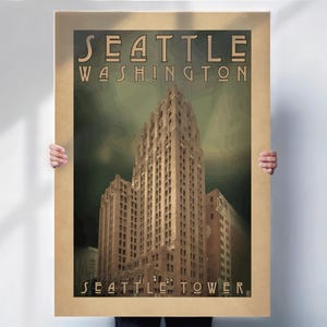 May include: A vintage-style poster featuring the Seattle Tower in Seattle, Washington. The poster has a tan border and the words "SEATTLE WASHINGTON" and "SEATTLE TOWER" in gold lettering. The building is a tall, beige skyscraper with many windows.