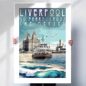 Liverpool waterfront print , Ferry cross the Mersey print , Liver building , Mersey Ferry , retro style , special place gift