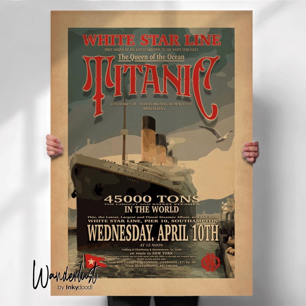 Affiche Titanic vintage - oeuvre d'art murale de voyage rétro - impression ligne étoile blanche - impressions de voyage