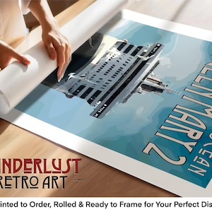 a person's hands rolling up a large poster or canvas that displays a large cruise ship.