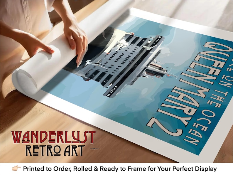 a person's hands rolling up a large poster or canvas that displays a large cruise ship.