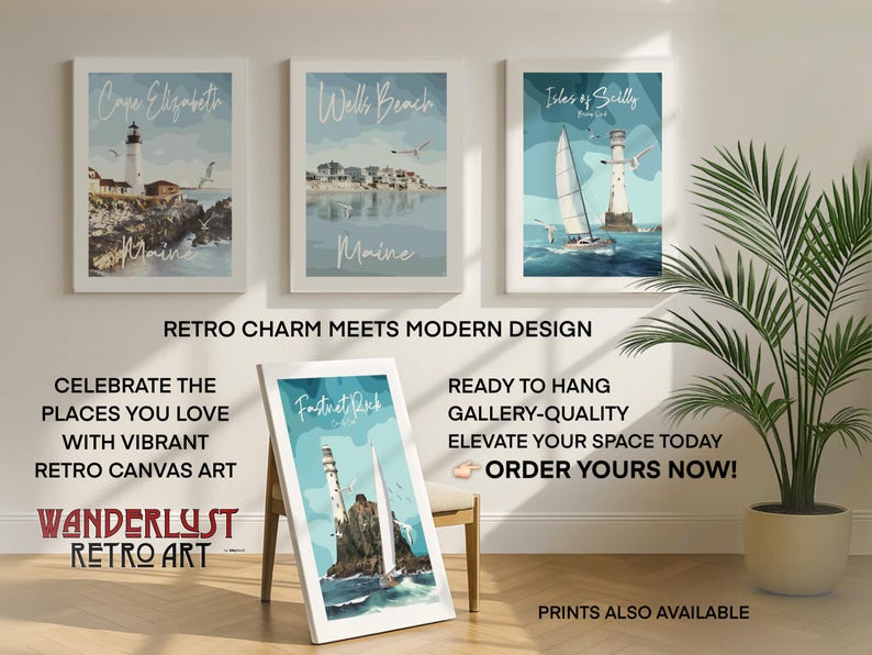 a set of three posters on a wall next to a potted plant