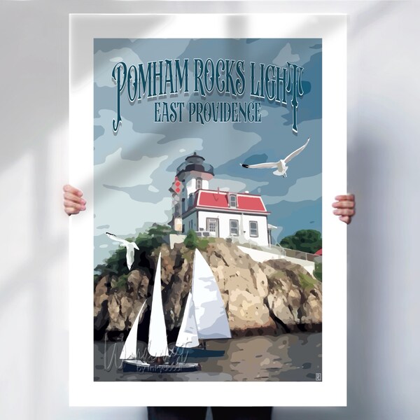 Pomham Rocks Lighthouse Retro Travel Poster - Vintage East Providence Print- Travel prints