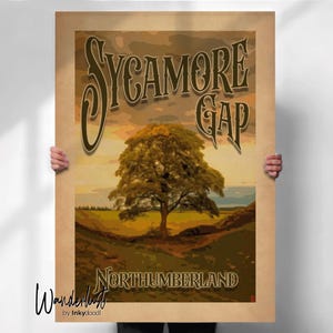 Sycamore Gap Print - Vintage Style Travel Poster of Northumberlands Hadrians Wall with Iconic Tree - Perfect Gift for a Special Place