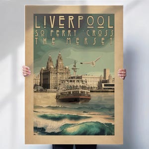 Liverpool waterfront print , Ferry cross the Mersey print , Liver building , Mersey Ferry , vintage style , special place gift