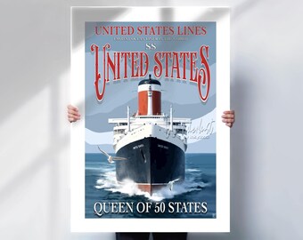 SS United States Ocean Liner Poster, Retro Maritime Travel Art
