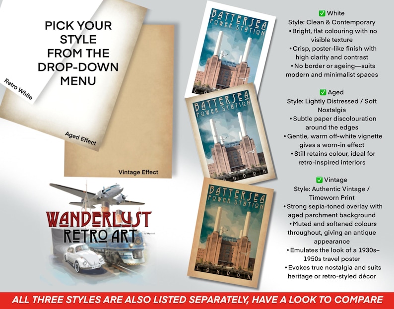 The image is a collage of three vintage-style photographs of the Battersea Power Station, each with a different style and effect. The photographs are arranged in a way that allows for comparison of the different styles.