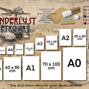 The image is a promotional poster for a company called "Wanderlust Retro Art", featuring a map of the world and various sizes of posters and a person silhouette.