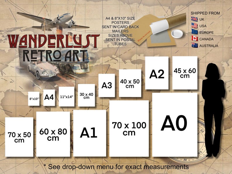 The image is a promotional poster for a company called "Wanderlust Retro Art", featuring a map of the world and various sizes of posters and a person silhouette.