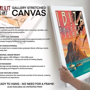 The image is a promotional poster for a gallery-stretched canvas artwork titled "Wanderlust Retro Art" by Inkydood. The poster highlights the artwork as a responsibly sourced wood frame, featuring a professional-grade weight, and a professional-grade finish. It also mentions that the canvas is ready to hang without the need for a frame, and that it is available as an unframed print.