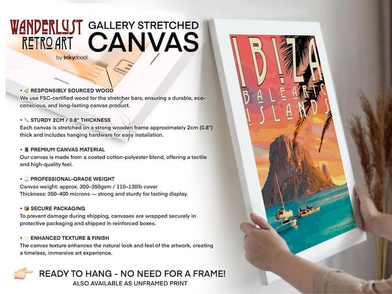 The image is a promotional poster for a gallery-stretched canvas artwork titled "Wanderlust Retro Art" by Inkydood. The poster highlights the artwork as a responsibly sourced wood frame, featuring a professional-grade weight, and a professional-grade finish. It also mentions that the canvas is ready to hang without the need for a frame, and that it is available as an unframed print.
