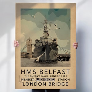 HMS Belfast travel poster, London Tube Station travel print  - vintage style wall art