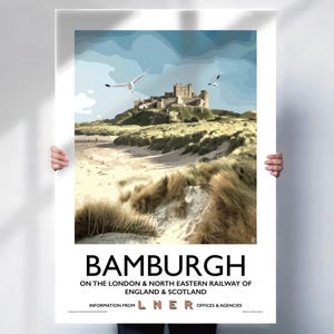 Bamburgh Castle Travel print - Northumberland LNER travel poster  - retro style wall art
