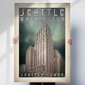 May include: A vintage-style poster featuring the Seattle Tower in Seattle, Washington. The poster has a cream-colored border and text that reads "Seattle Washington" and "Seattle Tower" in a stylized font. The building is depicted in shades of beige and brown.