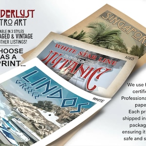 The image is an advertisement for a collection of vintage travel posters, featuring various destinations such as Singapore, Greece, and Lindos.