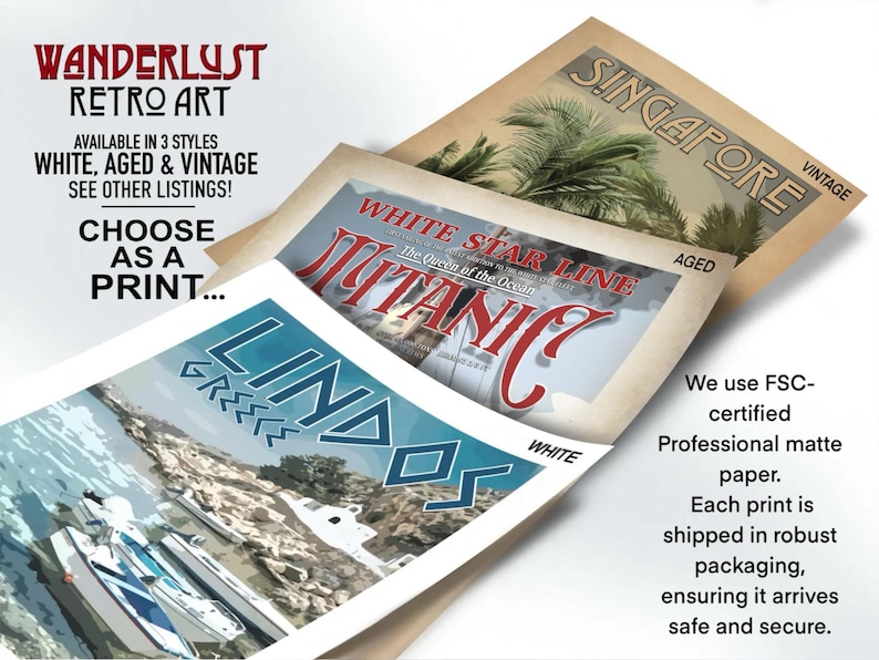 The image is an advertisement for a collection of vintage travel posters, featuring various destinations such as Singapore, Greece, and Lindos.