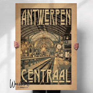 Antwerpen Centraal Vintage Travel Print - Antwerp Train Station Poster - Belgium Wall Art - Retro Travel Decor - Architectural Print