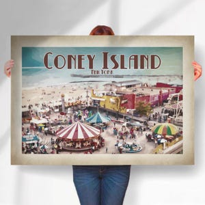 Coney Island New York Print or Canvas | Aged Style Travel Poster | Amusement Park Wall Art | Beach Boardwalk Decor