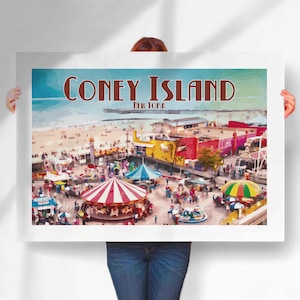 Coney Island New York Print or Canvas | Retro Style Travel Poster | Colourful Beach Boardwalk Art | Funfair Wall Decor
