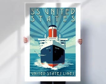 SS United States Ocean Liner Poster, Geometric Travel Art