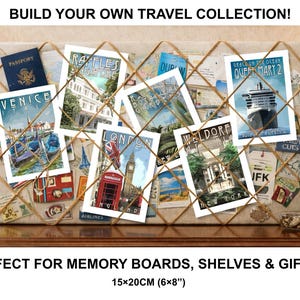The image is a collage of travel-related items, including postcards, maps, and souvenirs, arranged on a bulletin board.