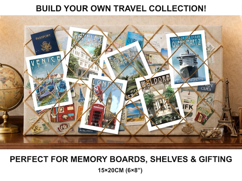 The image is a collage of travel-related items, including postcards, maps, and souvenirs, arranged on a bulletin board.