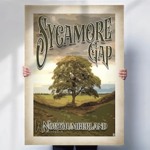Sycamore Gap Travel Poster - Hadrians Wall in Northumberland - Special Place Gift- aged style Travel prints
